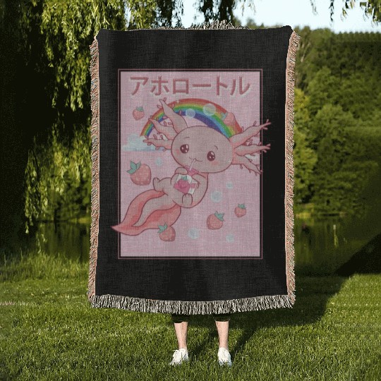 Kawaii Axolotl Strawberry Milk Woven Blankets