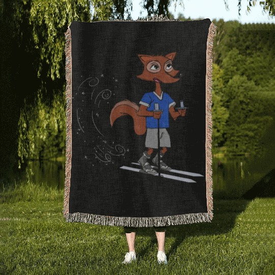 Winter fox goes skiing with polls and boots blue Woven Blankets