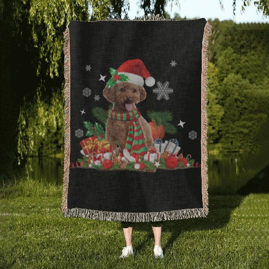 Christmas themed brown Poodle dog Woven Blankets