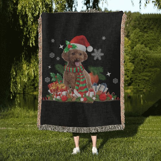 Christmas themed brown Poodle dog Woven Blankets