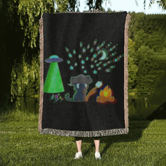 Trick or Treat - Alien Camping Kitten Woven Blankets
