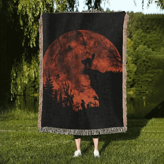 Cat Red Moon trick or treat Bats Forest Funny Hall Woven Blankets