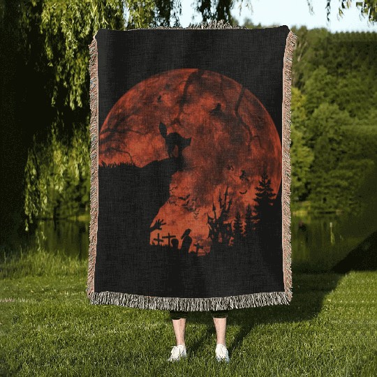 Cat Red Moon trick or treat Bats Forest Halloween Woven Blankets