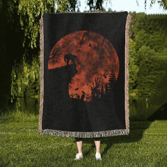 Cat Red Moon trick or treat Bats Forest Funny Woven Blankets