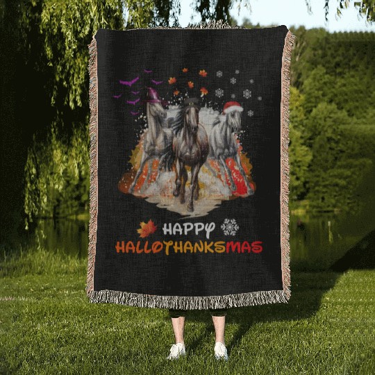 Horses Happy HalloThanksmas Woven Blankets