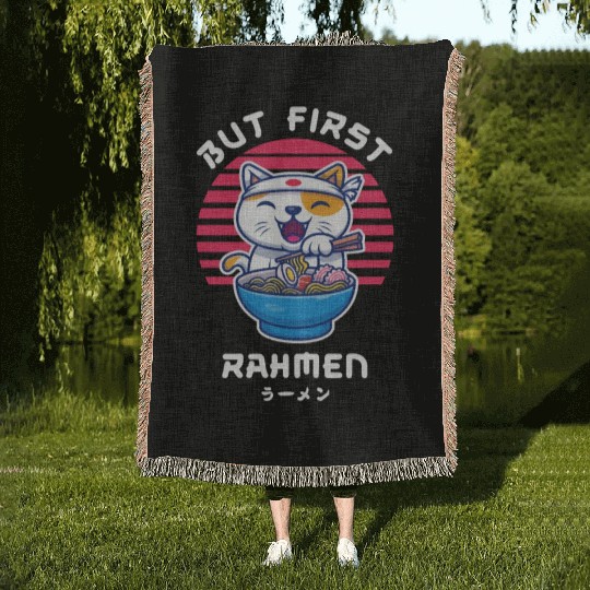 But First Ramen Cat Japan Kawaii Woven Blankets