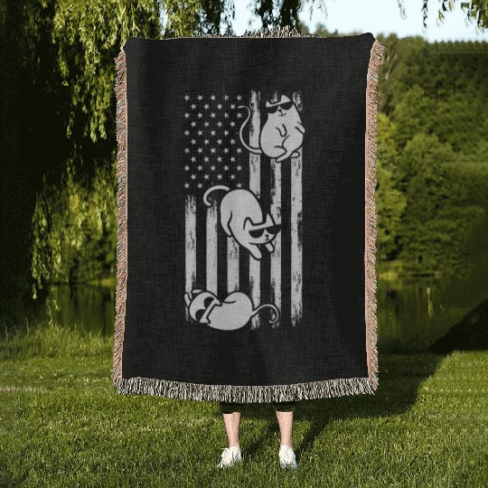 Cat US Flag Cats America Flag Cat Patriotic Cat Lo Woven Blankets