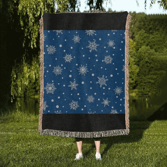 Modern Navy Blue Snowflakes Pattern Woven Blankets