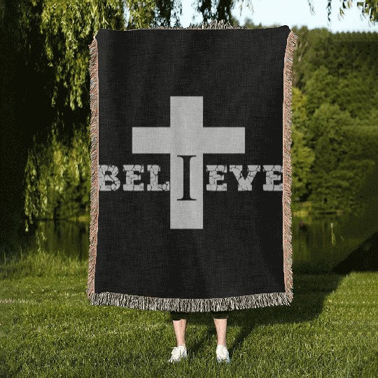 Believe Christian Saying With Cross Woven Blankets