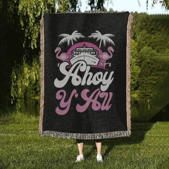 Cruise Ship Vacation Girl Ahoy Woven Blankets