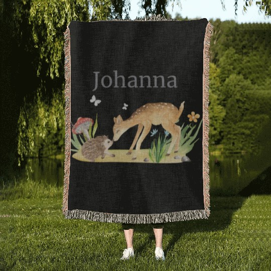 Forest Animal Deer Hedgehog Flowers Name Johanna Woven Blankets