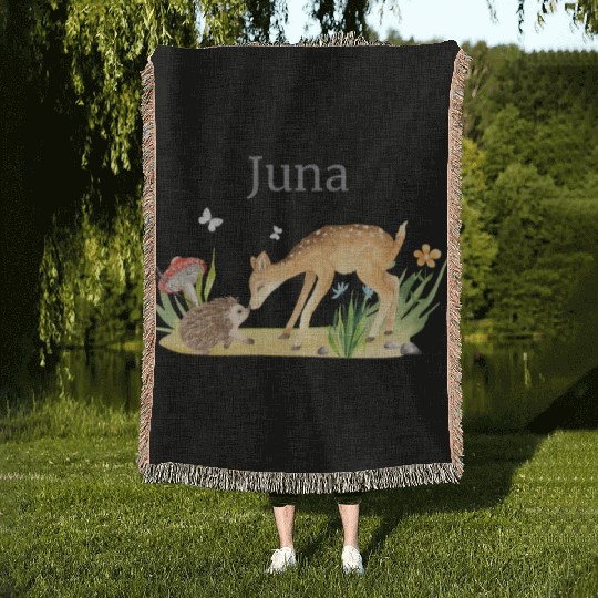 Forest Animal Deer Hedgehog Flowers Name Juna Woven Blankets