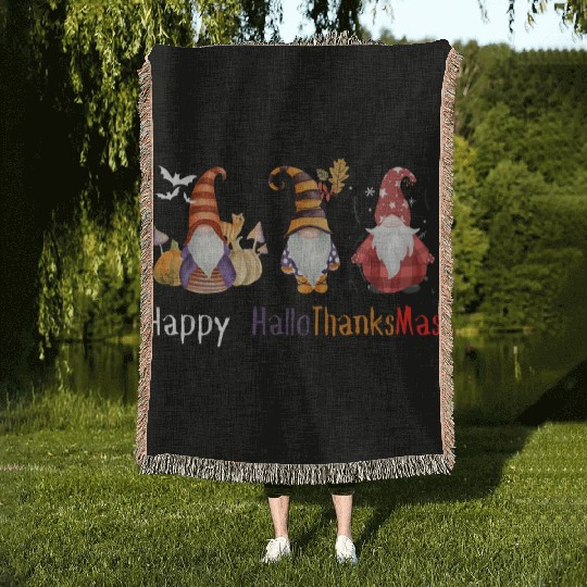 happy hallo thanksmas Thanksgiving gnome Funny Woven Blankets