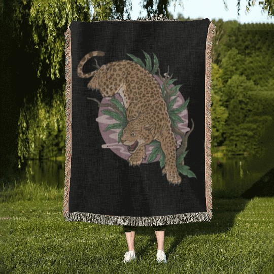 leopard wild animal climb Woven Blankets
