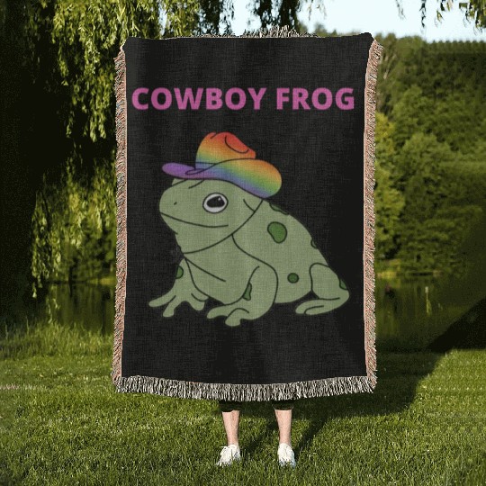 Cute frog in pride color cowboy hat Woven Blankets