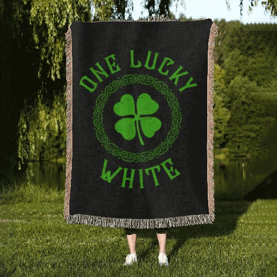 One Lucky White Irish Family Four Leaf Clover Woven Blankets