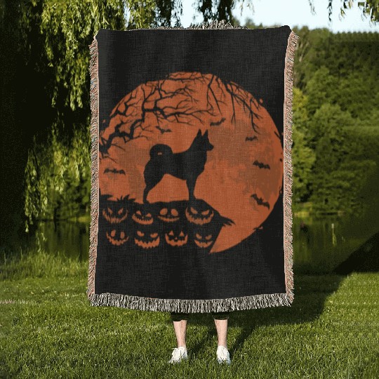 Icelandic Sheepdog And Moon Halloween Dog Lover Woven Blankets