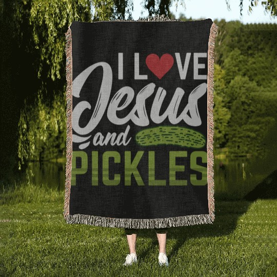 I Love Jesus And Pickles Woven Blankets