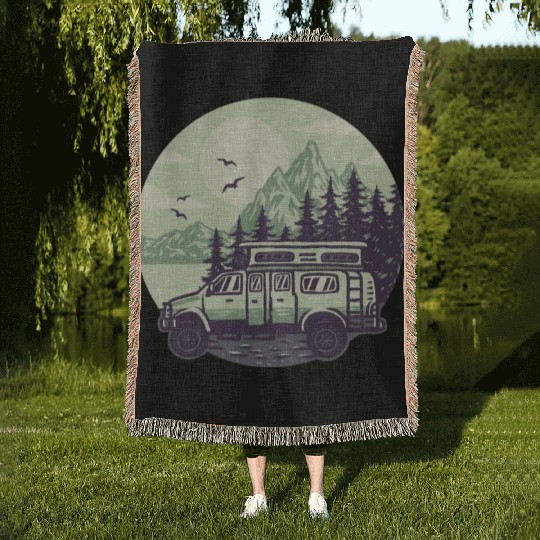 Camping Car Mountains Woven Blankets