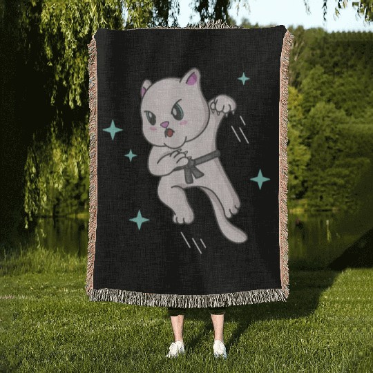 Kawaii Cat Ninja Kitten Fighter Karate Woven Blankets
