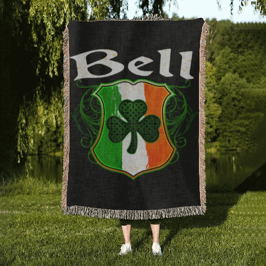 Bell Irish Surname Ireland Flag Shield Shamrock Woven Blankets