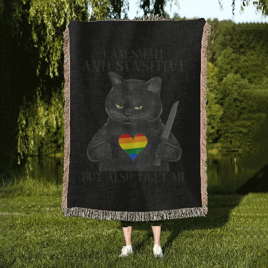 LGBT Black Cat Knife Rainbow Heart Gay Pride Flag Woven Blankets