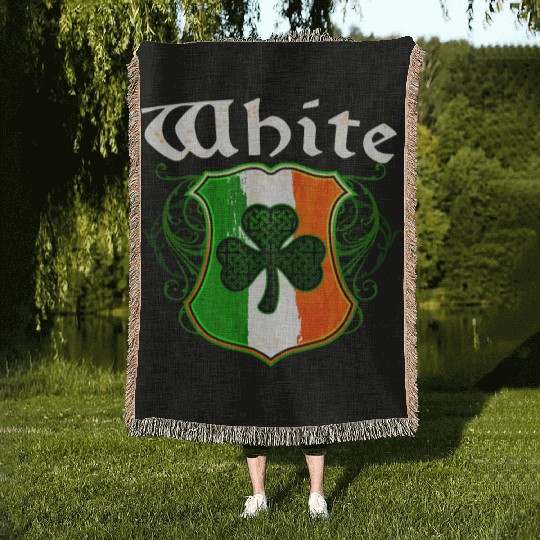 White Irish Surname Ireland Flag Shield Shamrock Woven Blankets