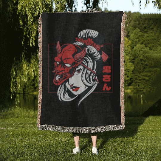 Oni Mask Samurai Demon Girl Japanese Anime Shinobi Woven Blankets