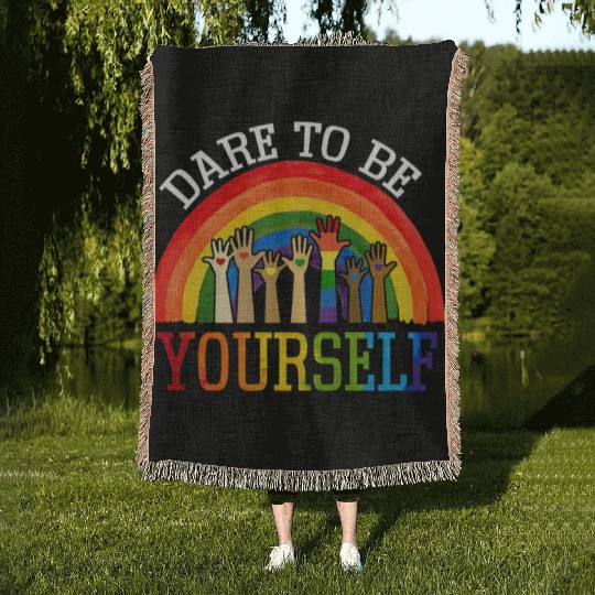 Dare To Be Yourself Rainbow LGBT Lesbian Gay Pride Woven Blankets