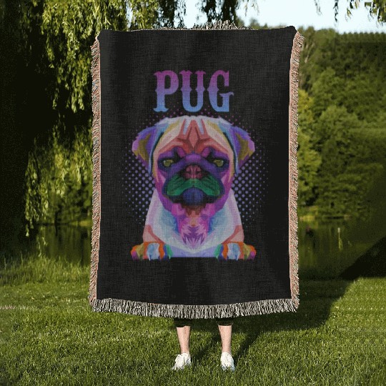 Dog Breed Colorful Pug Woven Blankets