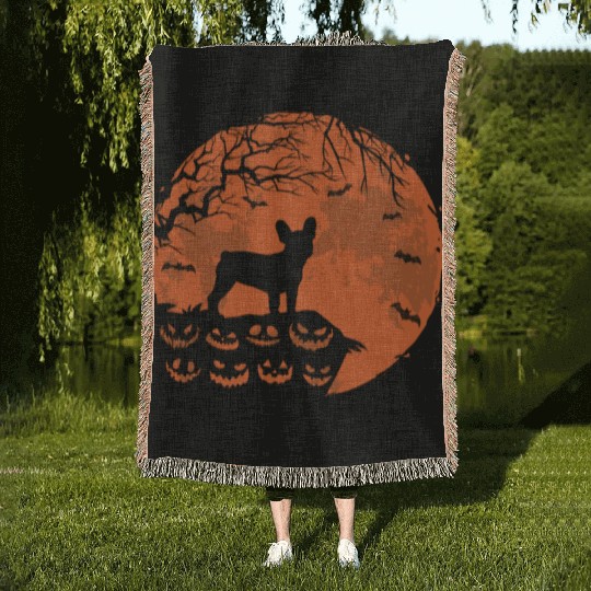 French Bulldog And Moon Halloween Funny Dog Lover Woven Blankets