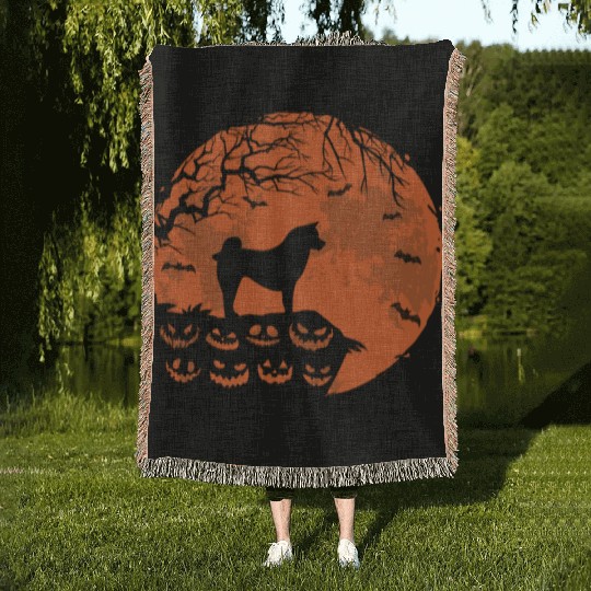 Akita And Moon Halloween Funny Dog Lover Gift Woven Blankets