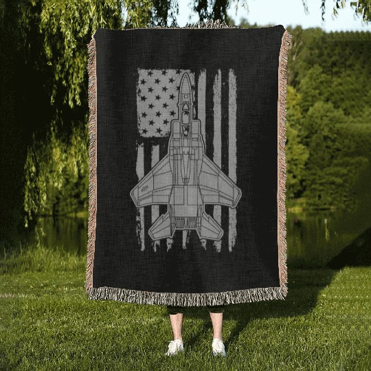 F-15 Eagle Fighter Jet Airplane American Flag F15 Woven Blankets