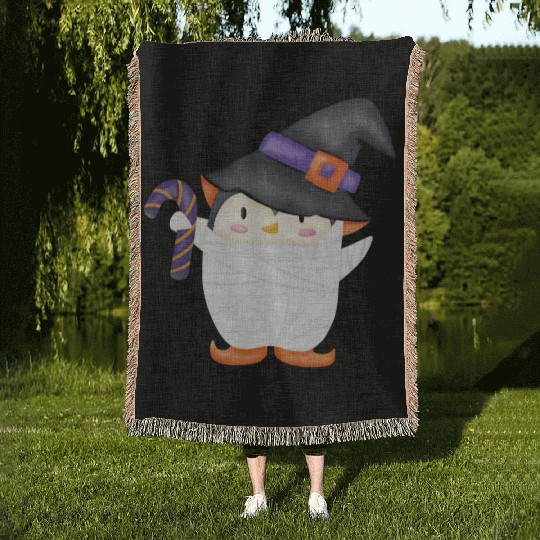 Halloween Penguin in a mummy costume Woven Blankets