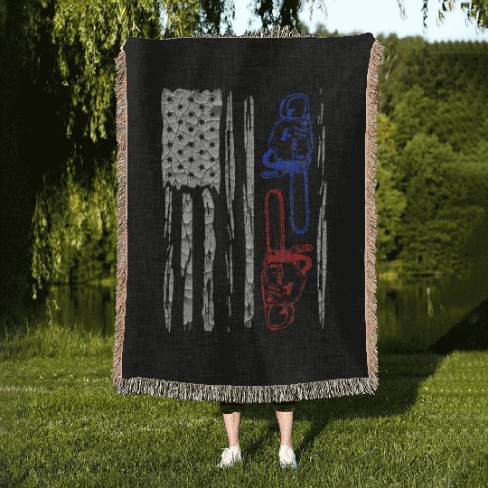 Vintage US FLAG CHAINSAW Lumberjack Logger Lumber Woven Blankets
