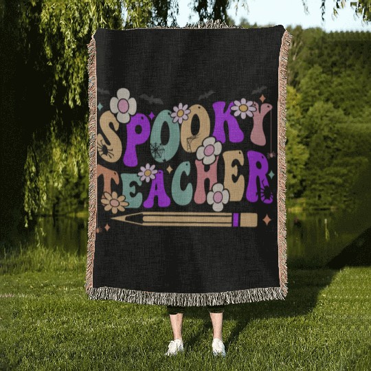Spooky Season Retro Spooky Teacher Halloween Funny Woven Blankets