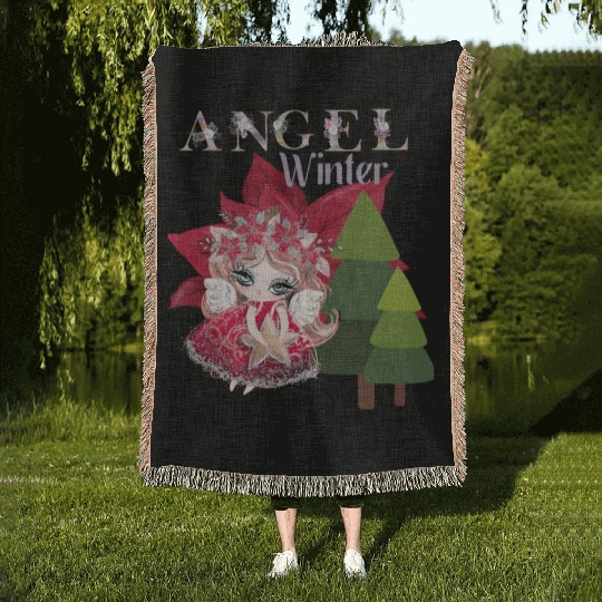 Winter Angel Christmas Tree Poinsettia Woven Blankets