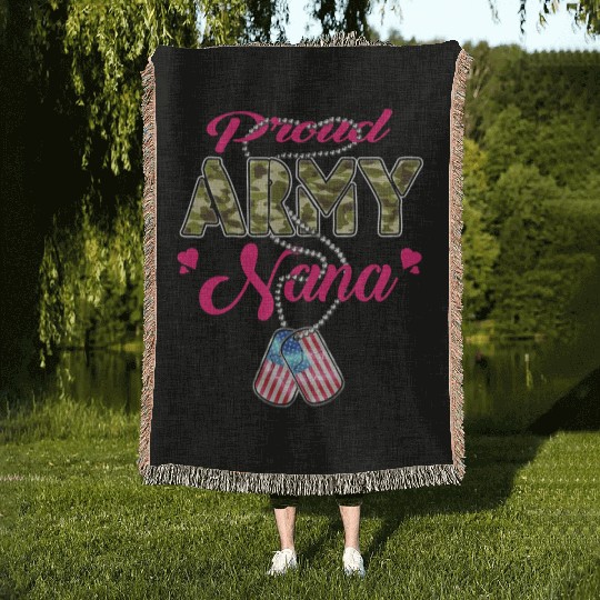 Proud Army Nana US Flag Camo Dog Tags Military Gra Woven Blankets