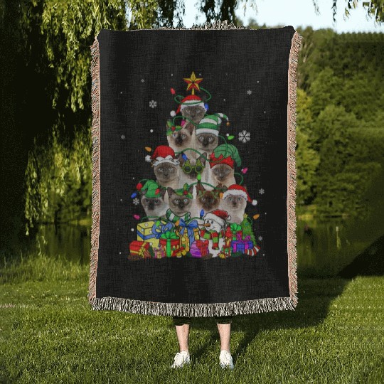 Cat Lover Funny Siamese Tree Christmas Light Woven Blankets