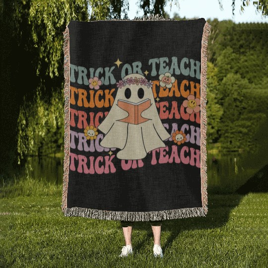 Groovy Trick or Teach Boo Ghost Pre-K Teacher Life Woven Blankets