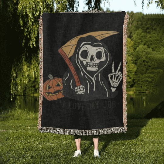 I Love my job grim reaper Woven Blankets