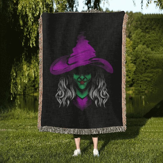 Evil Witch With Green Skin And Purple Hat For Woven Blankets