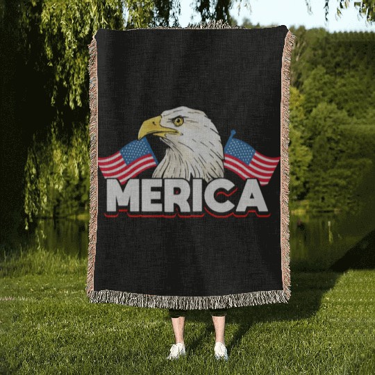 Merica Bald Eagle US Flag Independence Woven Blankets