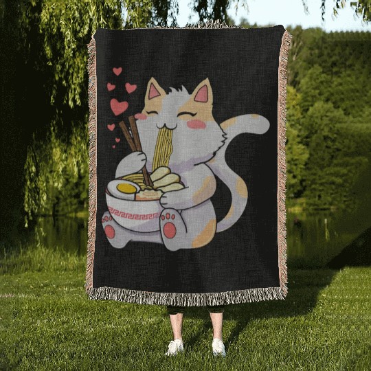 Funny Kawaii Cat Eating Ramen - Kawaii Neko Cat Woven Blankets