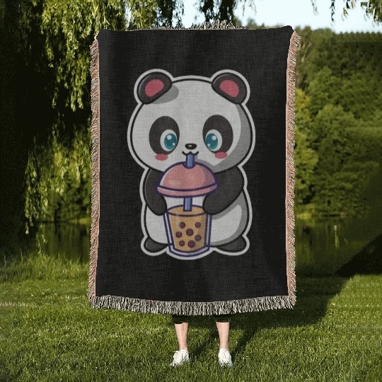 Panda Bear Boba Milk Tea Funny Bubble Tea Lovers Woven Blankets