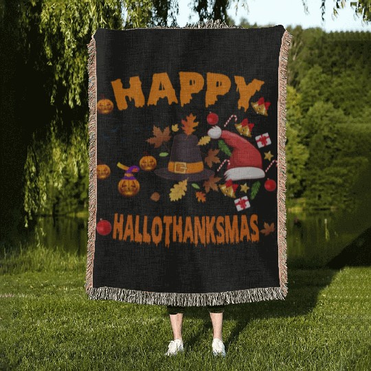 Wine Halloween Christmas Happy Hallothanksmas Woven Blankets