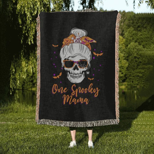 One Spooky Mama Skull Pumpkin Halloween Woven Blankets