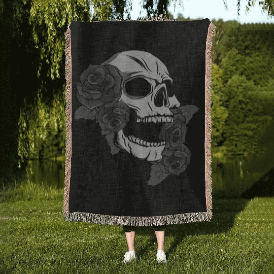 Black Skull Roses Aesthetic Goth Gothic Woven Blankets