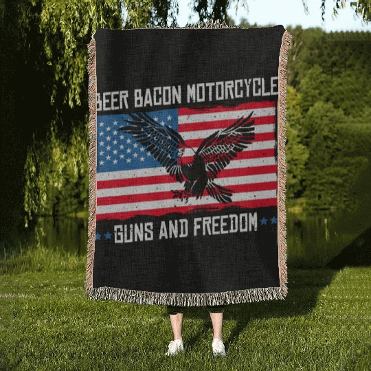 Beer Bacon Motorcycle Guns And Freedom US Flag Woven Blankets