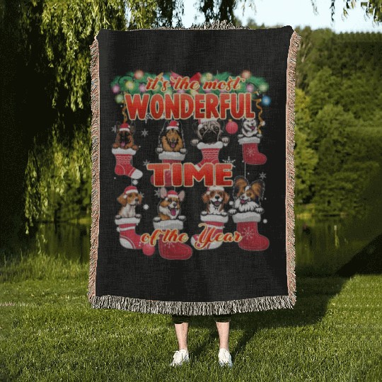 Wonderful Dogs Christmas Celebration Family Woven Blankets